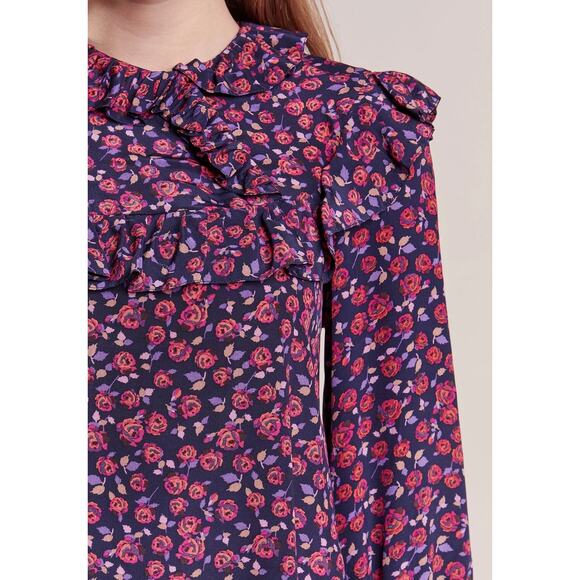 EUC Sandro Paris Floral Ruffle Silk Mini Dress S 4 Long Sleeve Multicolor Print - Picture 12 of 16